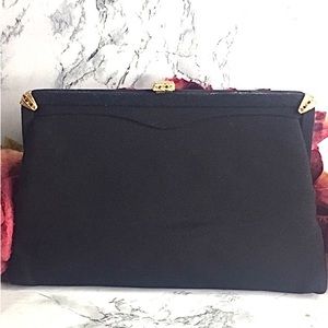 Vintage 50s After Five Black Satin Rhinestone Clutch
